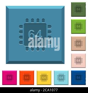 Microprocessor 64 bit architecture engraved icons on edged square buttons in various trendy colors Stock Vector