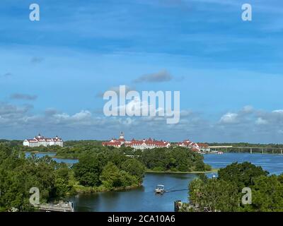 Orlando,FL/USA-7/25/20: Aerial photo of the Grand Floridian Hotel from  the monorail at  Walt Disney World Resorts in Orlando, FL. Stock Photo