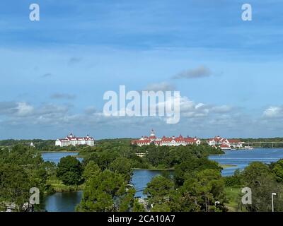 Orlando,FL/USA-7/25/20: Aerial photo of the Grand Floridian Hotel from  the monorail at  Walt Disney World Resorts in Orlando, FL. Stock Photo