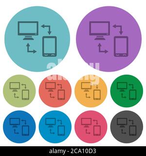 Connecting mobile to desktop darker flat icons on color round background Stock Vector