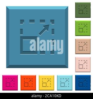 Maximize element engraved icons on edged square buttons in various trendy colors Stock Vector
