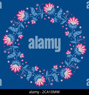 Jacobean style flowers, floral wreath frame for invitation template. Vector illustration. Jacobean floral, herbal collection, pink and blue flowers. Stock Vector