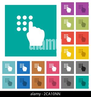 Typing security code multi colored flat icons on plain square backgrounds. Included white and darker icon variations for hover or active effects. Stock Vector
