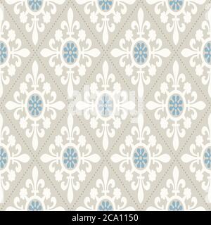 Modern geometric pattern, inspired by vintage wallpapers. Nice retro colors - grey beige, calm blue. Seamless vector pattern. Perfect for fabric desig Stock Vector
