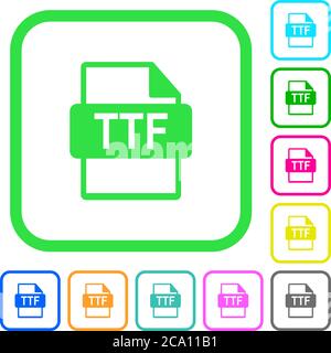 TTF file format vivid colored flat icons in curved borders on white background Stock Vector