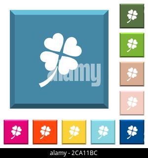 Four leaf clover white icons on edged square buttons in various trendy colors Stock Vector