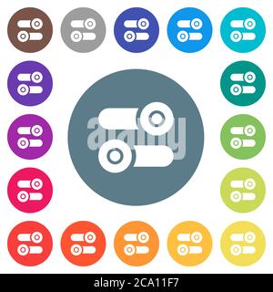 Toggle switches flat white icons on round color backgrounds. 17 background color variations are included. Stock Vector