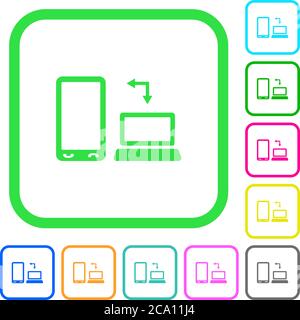 Syncronize mobile with computer vivid colored flat icons in curved borders on white background Stock Vector