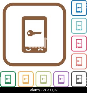 Mobile secure simple icons in color rounded square frames on white background Stock Vector