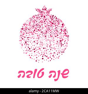 Pomegranate illustration, made with dots. Shana Tova greeting card. Rosh hashanah Jewish New Year greeting. Hebrew holiday poster template. Vector bac Stock Vector