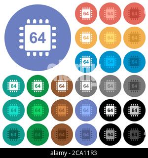 Microprocessor 64 bit architecture multi colored flat icons on round backgrounds. Included white, light and dark icon variations for hover and active Stock Vector
