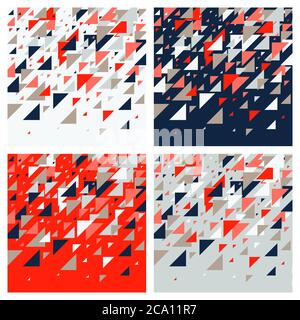 Set of four abstract geometric background - multicolor triangles pattern. Vector illustration. Red, white, grey, navy blue colors. Bold vivid colored Stock Vector