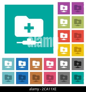 FTP create folder multi colored flat icons on plain square backgrounds. Included white and darker icon variations for hover or active effects. Stock Vector