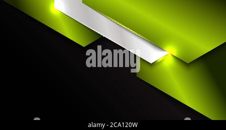 Banner web template abstract green and silver metallic metal geometric overlapping layer on black background. Technology style. Vector illustration Stock Vector