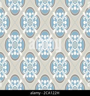 Modern geometric pattern, inspired by vintage wallpapers. Nice retro colors - grey beige, calm blue. Seamless vector pattern. Perfect for fabric desig Stock Vector