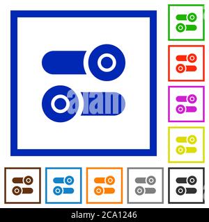 Toggle switches flat color icons in square frames on white background Stock Vector