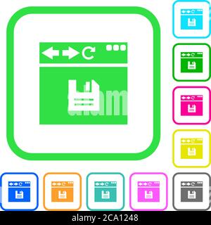 Browser save vivid colored flat icons in curved borders on white background Stock Vector