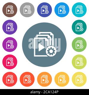 Playlist settings flat white icons on round color backgrounds. 17 background color variations are included. Stock Vector