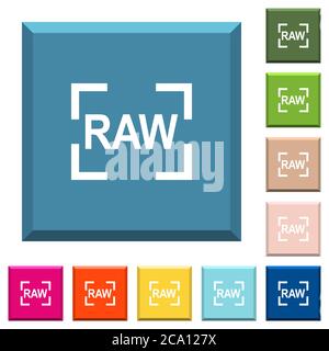 Camera raw image mode white icons on edged square buttons in various trendy colors Stock Vector