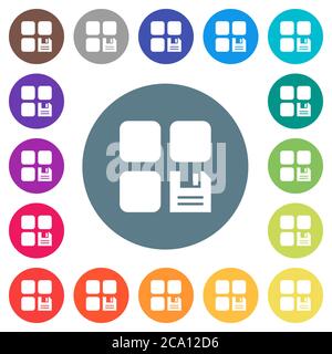 Save component flat white icons on round color backgrounds. 17 background color variations are included. Stock Vector