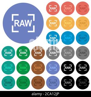 Camera raw image mode multi colored flat icons on round backgrounds. Included white, light and dark icon variations for hover and active status effect Stock Vector