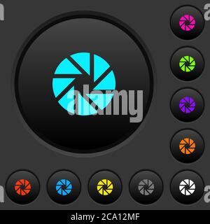 Aperture dark push buttons with vivid color icons on dark grey background Stock Vector