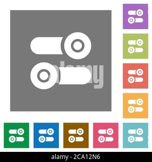 Toggle switches flat icons on simple color square backgrounds Stock Vector