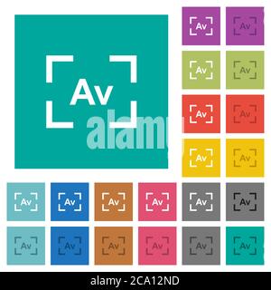 Camera aperture value mode multi colored flat icons on plain square backgrounds. Included white and darker icon variations for hover or active effects Stock Vector
