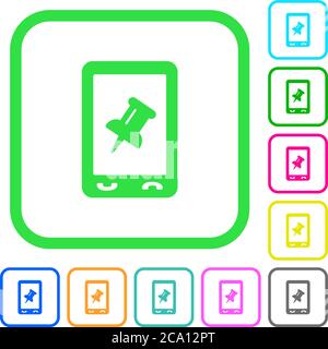 Mobile pin data vivid colored flat icons in curved borders on white background Stock Vector