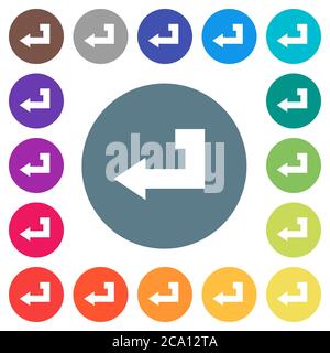 Return key flat white icons on round color backgrounds. 17 background color variations are included. Stock Vector