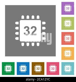 Microprocessor 32 bit architecture flat icons on simple color square backgrounds Stock Vector