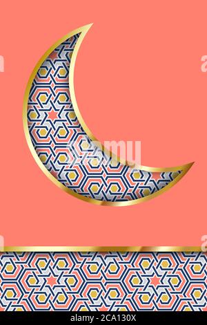 Muslim holiday greeting card template. Half moon crescent with traditional arabic islam art moroccan pattern. Vector illustration. Ramadan Kareem, Eid Stock Vector