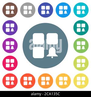 Component alert flat white icons on round color backgrounds. 17 background color variations are included. Stock Vector