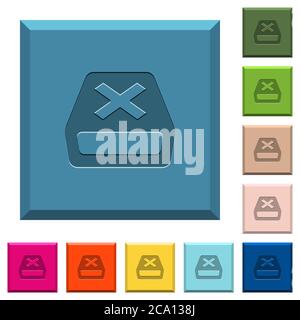 Uninstall engraved icons on edged square buttons in various trendy colors Stock Vector