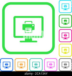 Print screen vivid colored flat icons in curved borders on white background Stock Vector