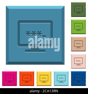 Entering to application engraved icons on edged square buttons in various trendy colors Stock Vector