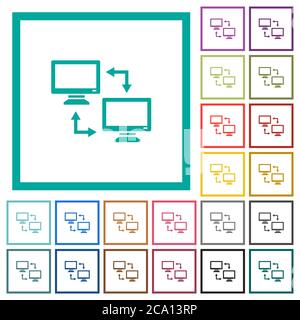 Data syncronization flat color icons in square frames on white ...