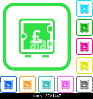 Pound strong box vivid colored flat icons in curved borders on white background Stock Vector