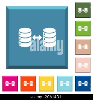 Syncronize databases white icons on edged square buttons in various trendy colors Stock Vector