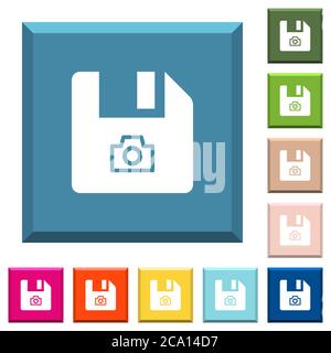File snapshot white icons on edged square buttons in various trendy colors Stock Vector