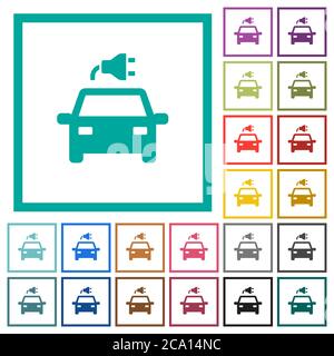 Electric car with connector flat color icons with quadrant frames on white background Stock Vector