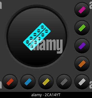Batch of pills in blister pack dark push buttons with vivid color icons on dark grey background Stock Vector