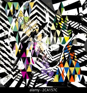 abstract geometric background pattern, with triangles, stripes, paint strokes and splashes, on black and white Stock Vector