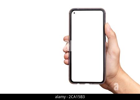 Man hand holding black smart phone with blank screen isolated on white background. clipping path Stock Photo