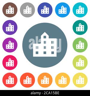 City silhouette flat white icons on round color backgrounds. 17 background color variations are included. Stock Vector