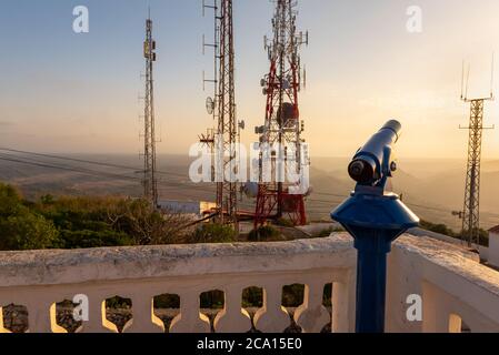Telescope viewpoint, and telecommunication masts on the top of El Toro Mountain on Menorca, Balearic Islands, Spain Stock Photo