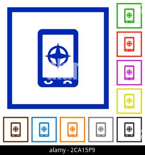 Mobile compass flat color icons in square frames on white background Stock Vector