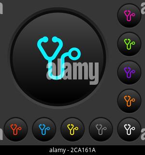 Stethoscope dark push buttons with vivid color icons on dark grey background Stock Vector