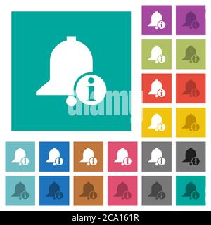 Reminder info multi colored flat icons on plain square backgrounds. Included white and darker icon variations for hover or active effects. Stock Vector