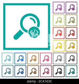 Search programming code flat color icons with quadrant frames on white background Stock Vector
